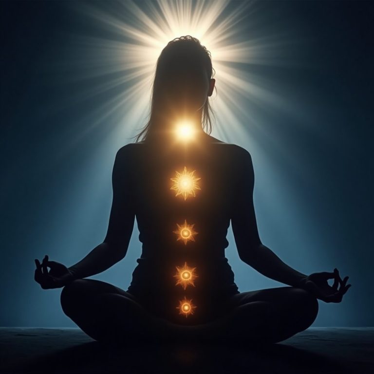 Éveil du 3ᵉ œil en méditation lumineuse Silhouette d'une personne en méditation avec des orbes lumineux représentant les chakras.