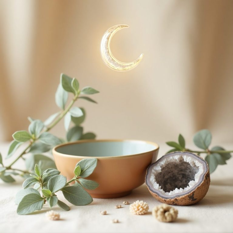 Pierres naturelles en cours de purification et de rechargement énergétique pour la lithothérapie Bol en terre cuite posé près d'une géode et de feuillage, illuminé par un croissant lunaire.
