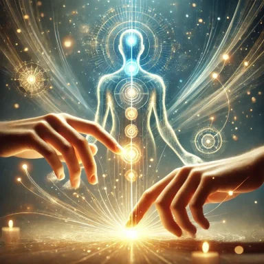 Fusion d’énergies Mains se touchant, un corps humain éthéré rayonnant d'énergie et de lumière.