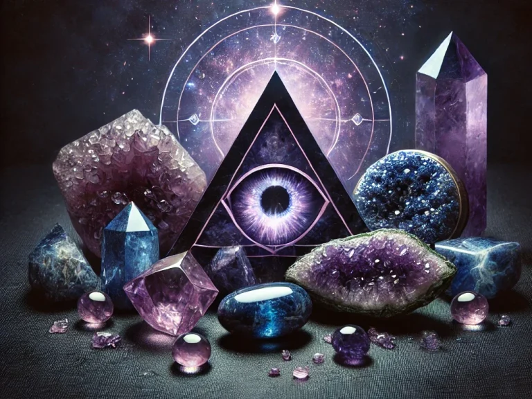 Chakra du troisième œil : cristaux et œil mystique Cristaux brillants violets et bleus avec un triangle et un œil mystique au centre.