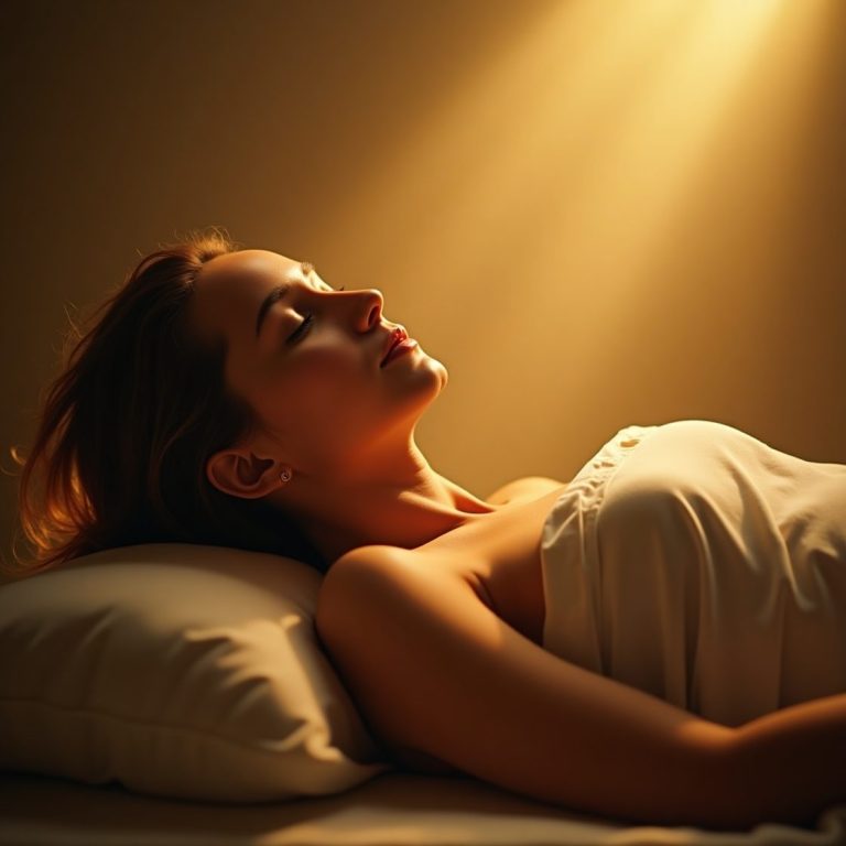 Femme allongée les yeux fermés dans une ambiance calme et lumineuse