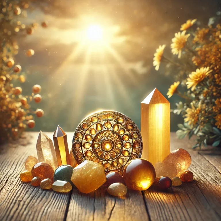 Lumière intérieure en expansion Cristaux variés et sphères lumineuses sur une surface en bois, éclairés par le soleil.