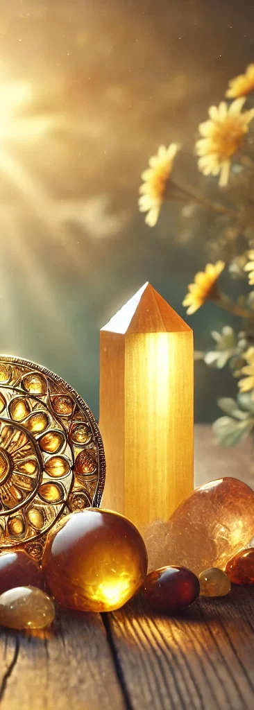 Trésors dorés de confiance Cristaux brillants et sphères dorées sur une surface en bois, éclairés par la lumière.