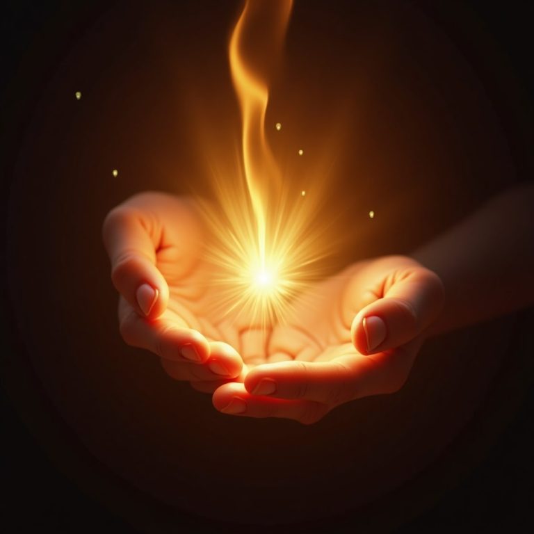 Main énergétique illuminée par une flamme de lumière lors d’un soin de magnétisme Main d’un praticien en magnétisme entourée d’une lumière énergétique symbolisant un soin énergétique et la transmission d’énergie