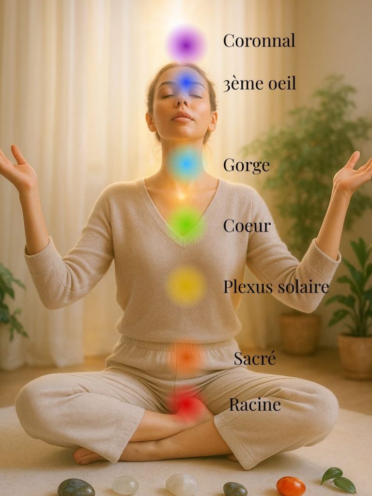 Les 7 chakras et leur alignement énergétique dans le corps humain Femme méditant avec des chakras colorés alignés sur le corps.