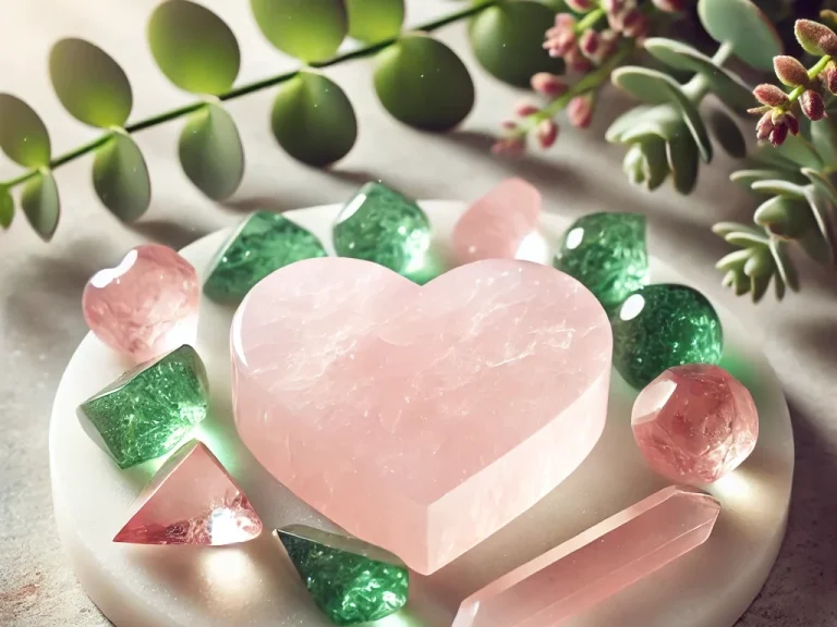 Vibrations d’amour et de guérison Des pierres semi-précieuses en rose et vert disposées en forme de cœur sur une assiette.