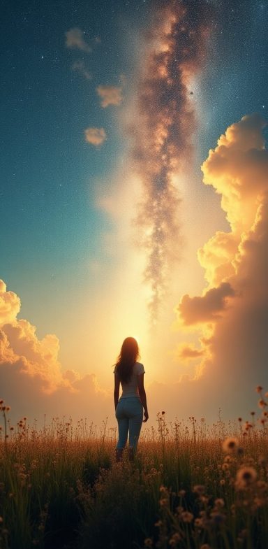 Connexion spirituelle au chakra coronal Silhouette d'une femme face à un ciel ensoleillé au-dessus d'un champ fleuri.