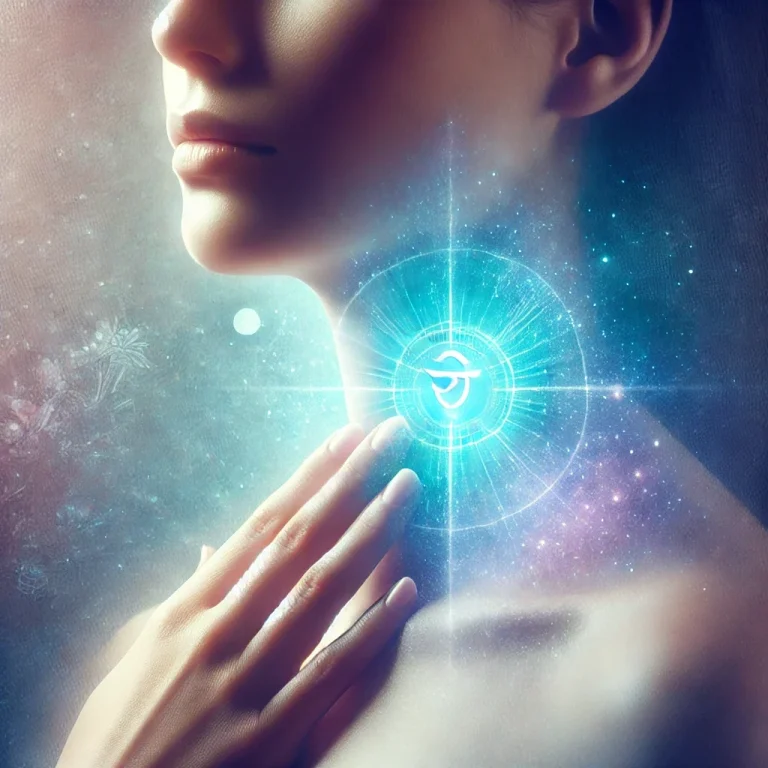 Énergie du chakra de la gorge en lumière Femme touchant son cou avec une lueur bleue mystique en arrière-plan.